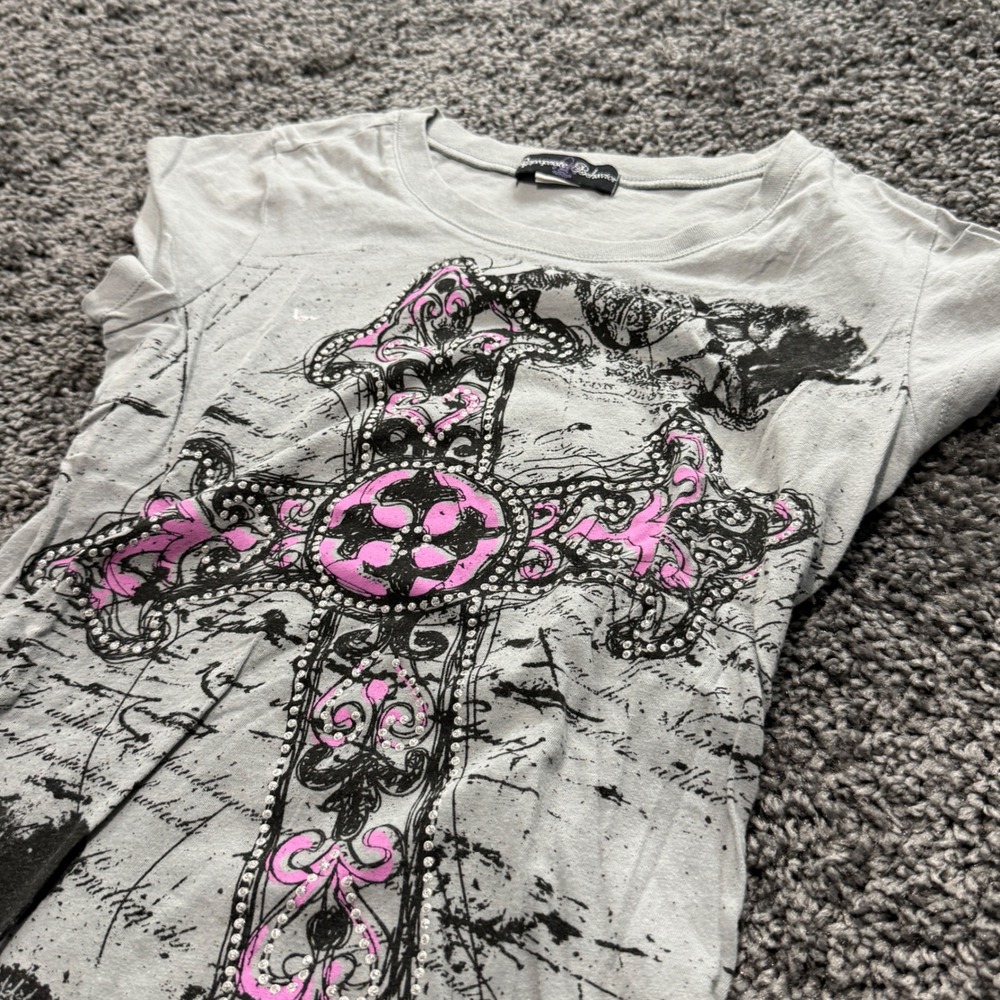 Y2K Appropriate Behavior Graphic Tee Women Gray Gothic Cross Rhinestone L